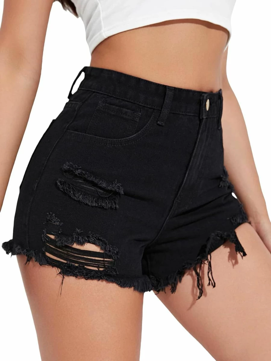 SOLY HUX Women's High Waist Ripped Denim Shorts - Distressed Summer Casual Short Jeans with Pockets