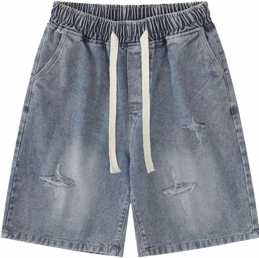 POHADON Y2K Blue Denim Shorts for Men & Women - Loose Baggy Streetwear Jorts, Grunge Harajuku Style, Summer Casual Straight Leg Unisex Shorts