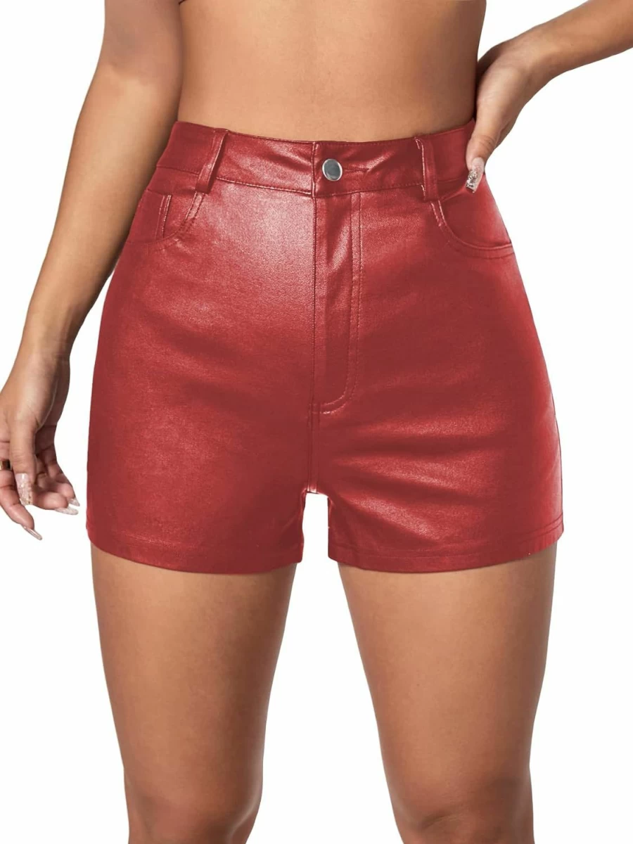 MakeMeChic Women's High Waisted Faux Leather Stretchy Skinny Denim Shorts