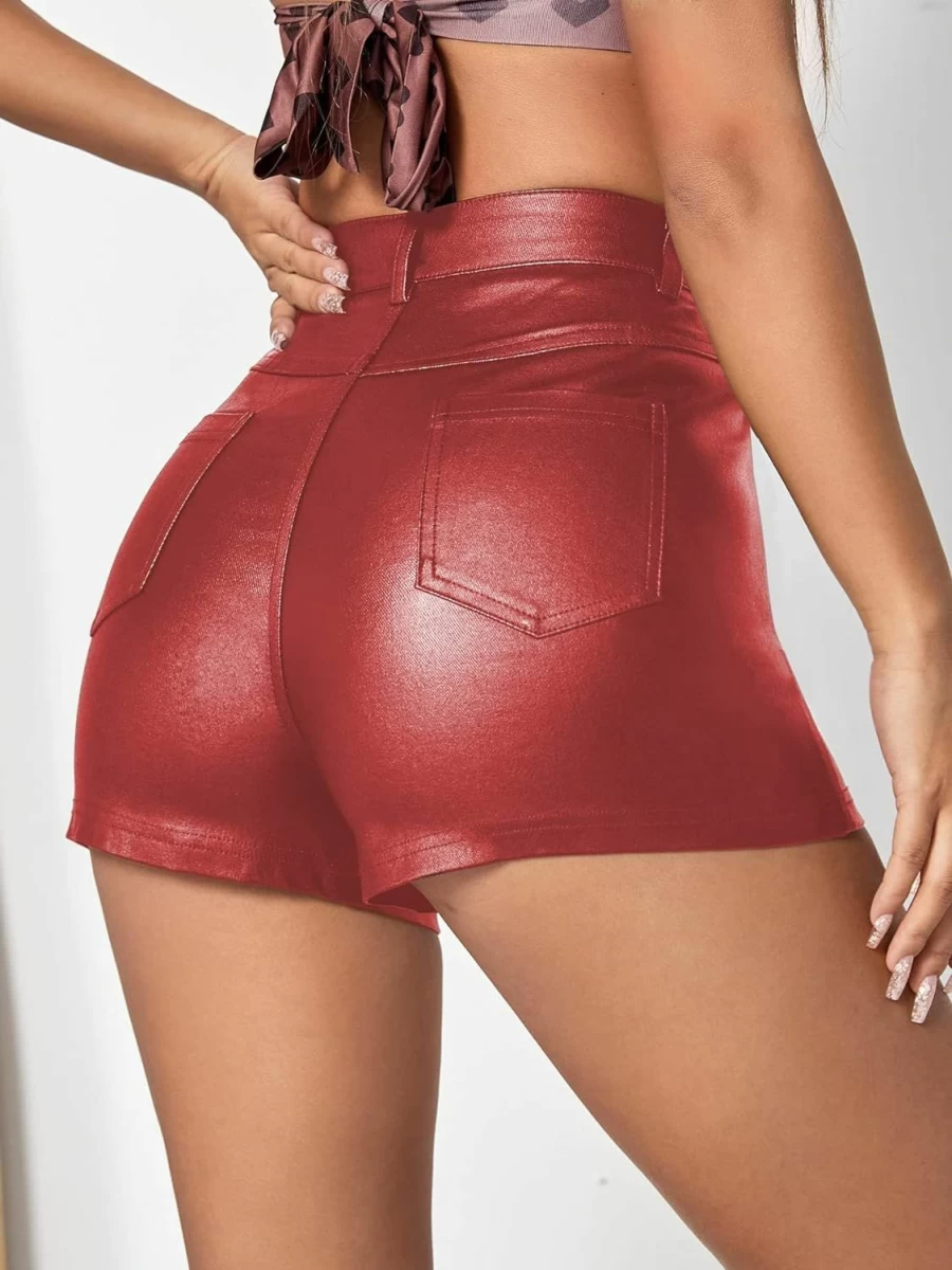 MakeMeChic Women's High Waisted Faux Leather Stretchy Skinny Denim Shorts