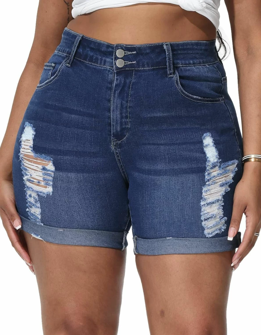 ALLEGRACE Women's Plus Size High Waisted Ripped Denim Shorts with Folded Hem Jean Shorts