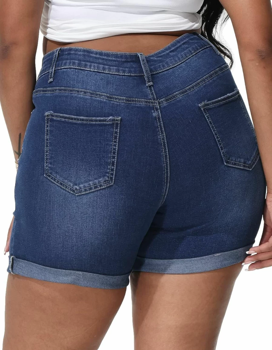 ALLEGRACE Women's Plus Size High Waisted Ripped Denim Shorts with Folded Hem Jean Shorts