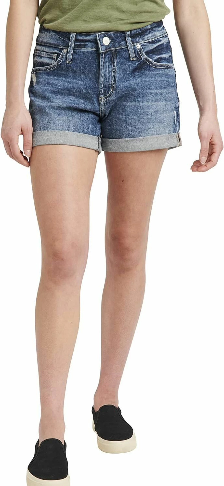 Silver Jeans Co. Women's Boyfriend Fit Mid Rise Denim Shorts - Relaxed Comfort Styl