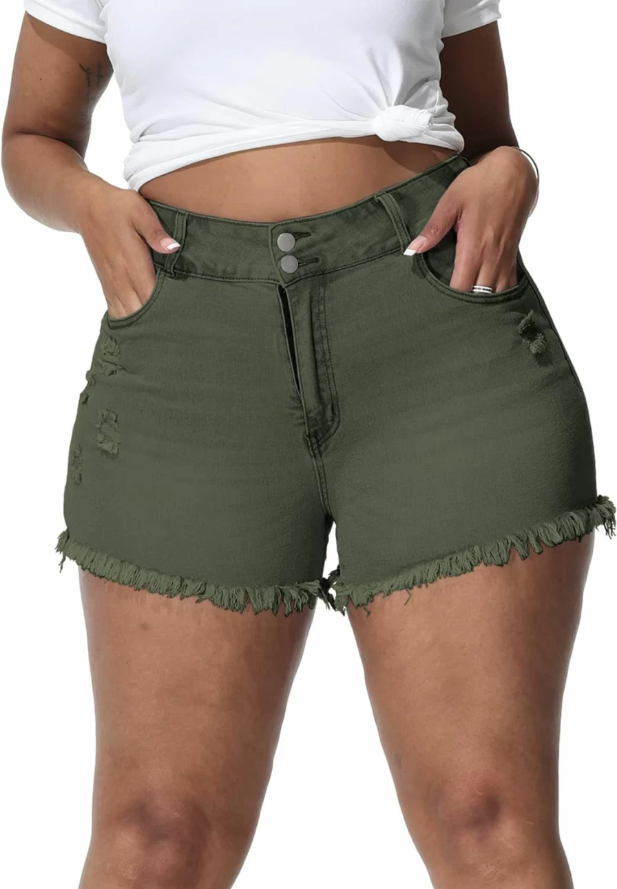 ALLEGRACE Women's High Waist Distressed Denim Shorts Plus Size Sexy Stretch Jeans Shorts With Pockets
