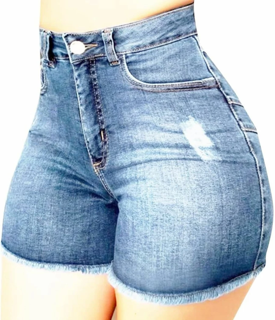 Tunlaud Women's High Waisted Distressed Denim Shorts - Stretchy Skinny Ripped Jeans with Raw Hem for Summer Casual Wear