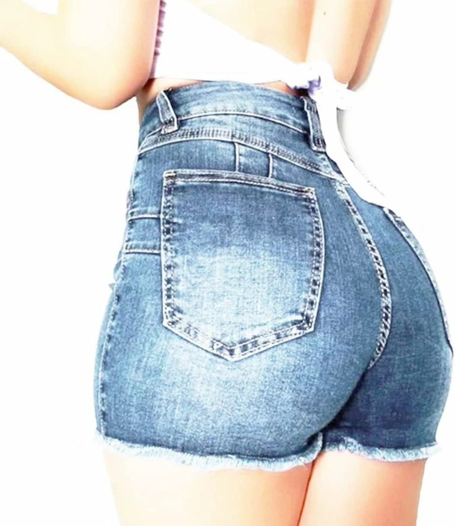 Tunlaud Women's High Waisted Distressed Denim Shorts - Stretchy Skinny Ripped Jeans with Raw Hem for Summer Casual Wear