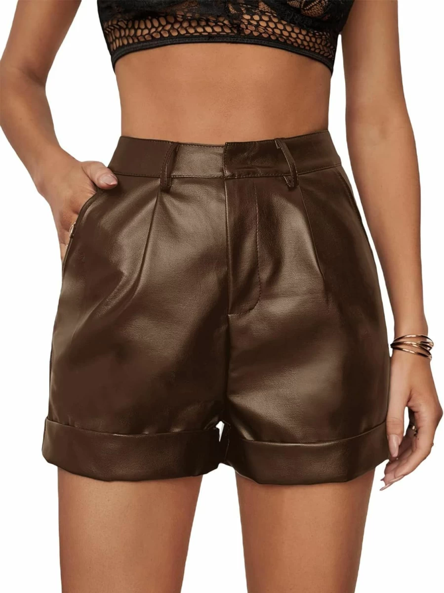 WDIRARA Women's High Waisted PU Leather Shorts with Pockets - Roll Hem Faux Leather Stretch Shorts