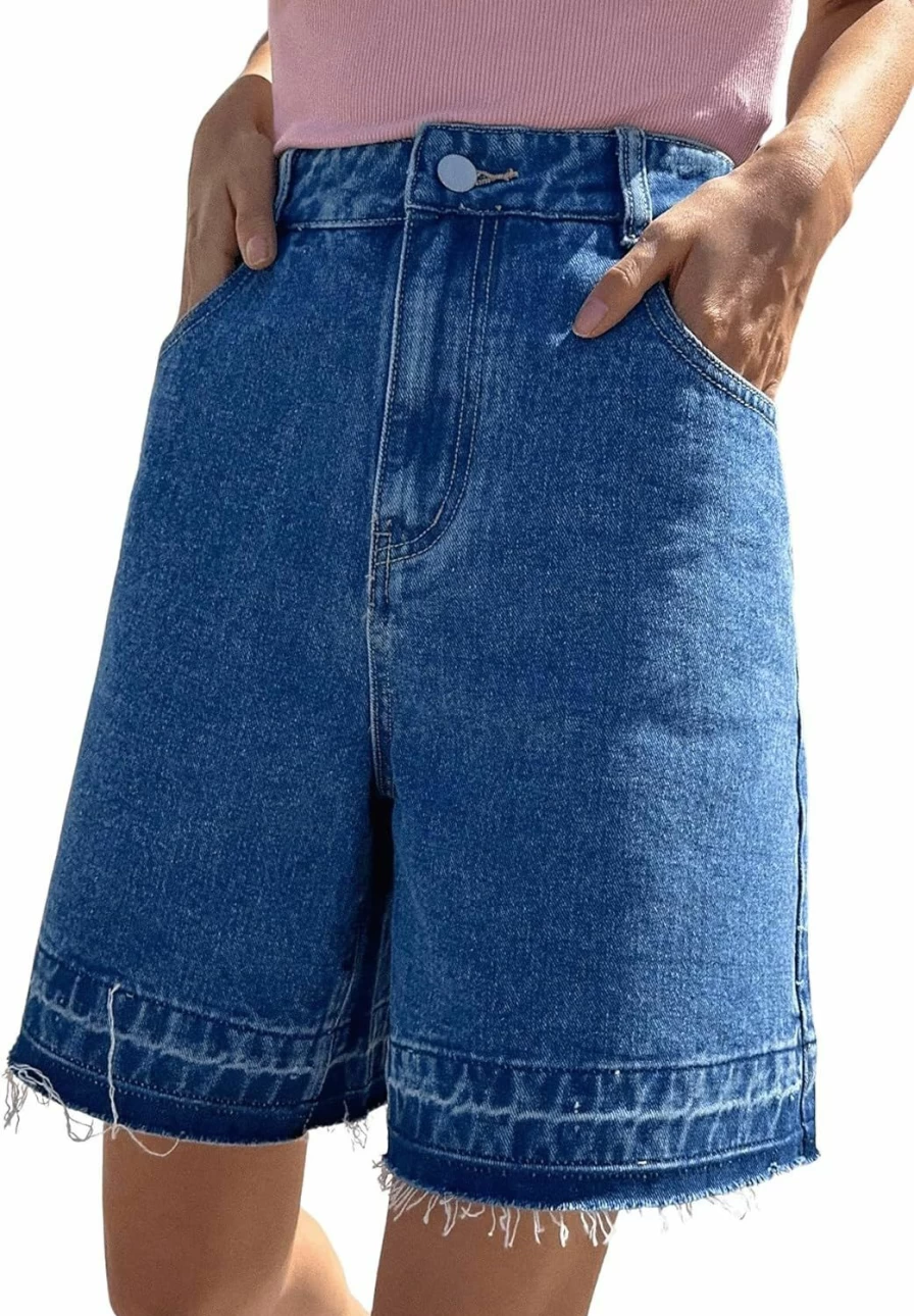 SweatyRocks Women's High Waist Denim Bermuda Shorts with Raw Hem - Casual Straight Leg Jean Shorts