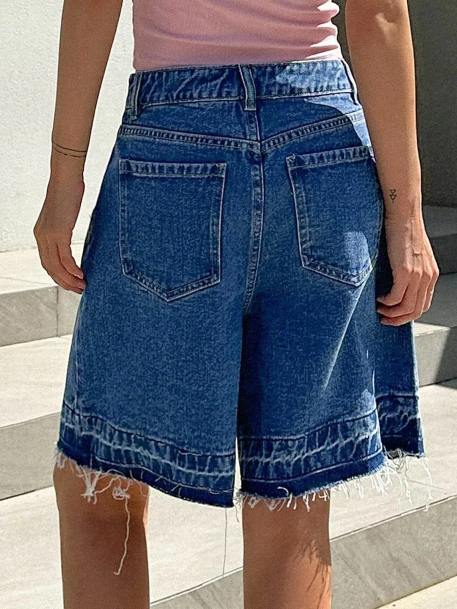 SweatyRocks Women's High Waist Denim Bermuda Shorts with Raw Hem - Casual Straight Leg Jean Shorts