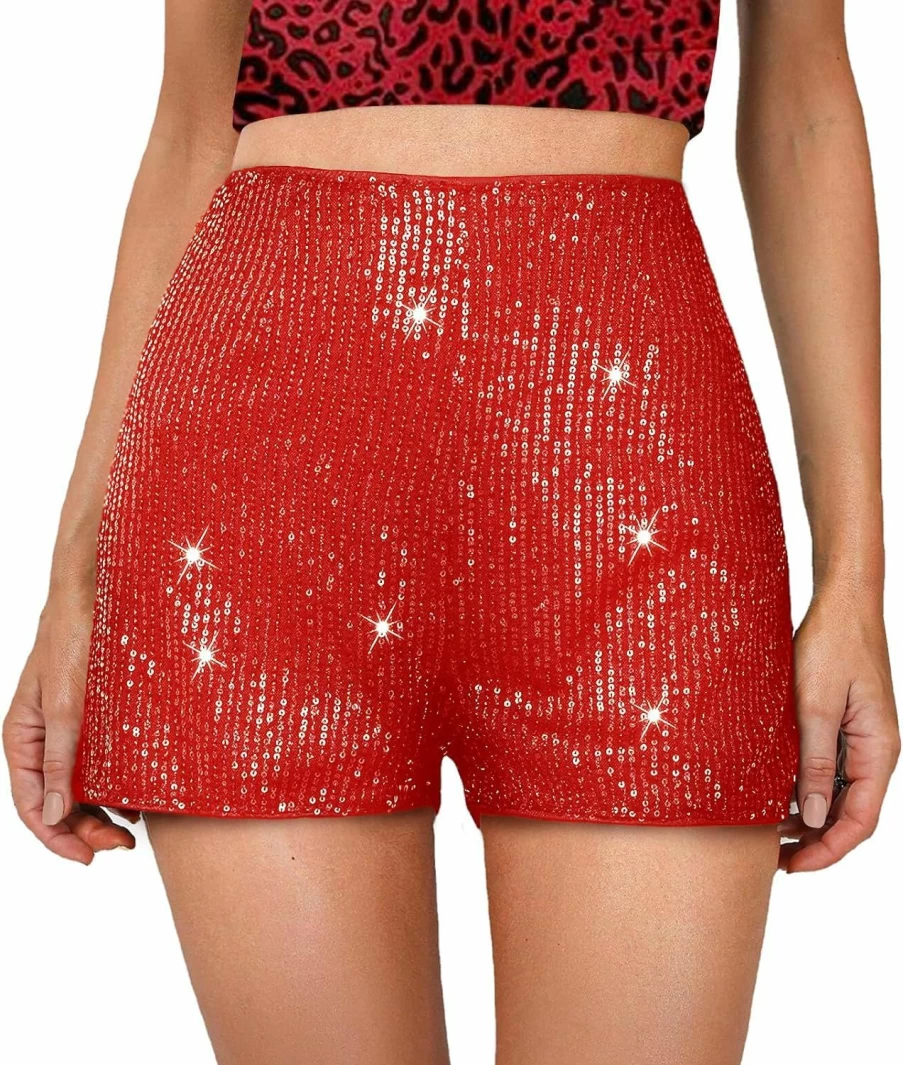 TRCKPOL Women's High Waisted Sequin Shorts - Elastic Straight Leg Glitter Party Shorts for Night Out & Celebrations