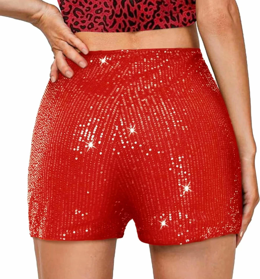 TRCKPOL Women's High Waisted Sequin Shorts - Elastic Straight Leg Glitter Party Shorts for Night Out & Celebrations