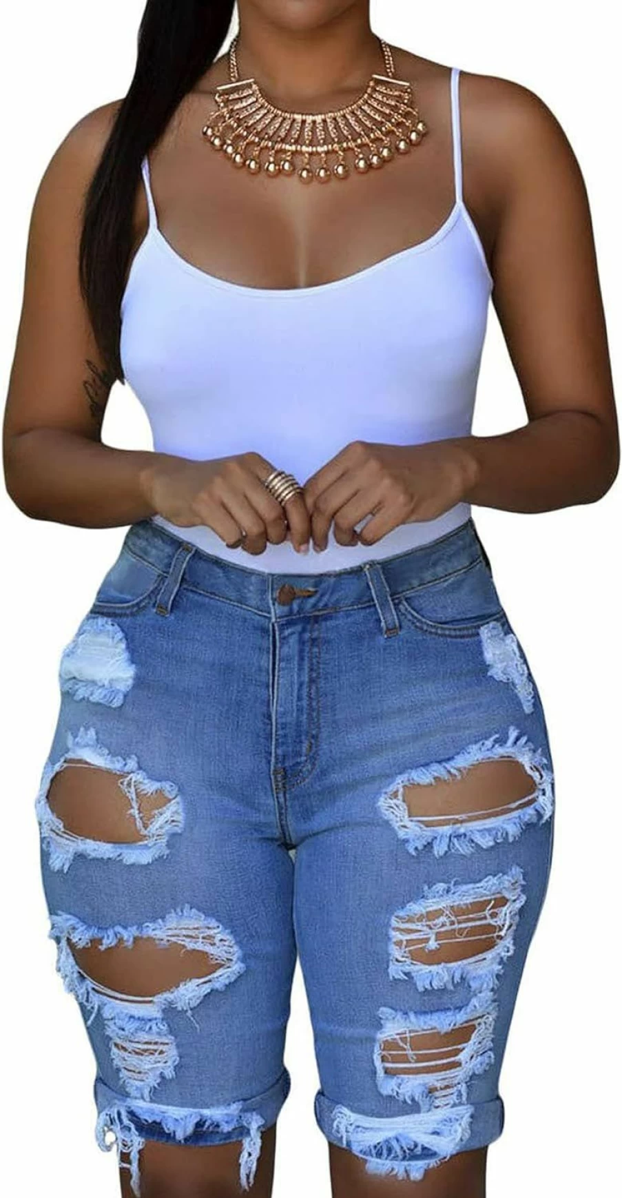 Roswear Women's Distressed Denim Shorts - Stretchy Bermuda Jeans with Ripped Detail