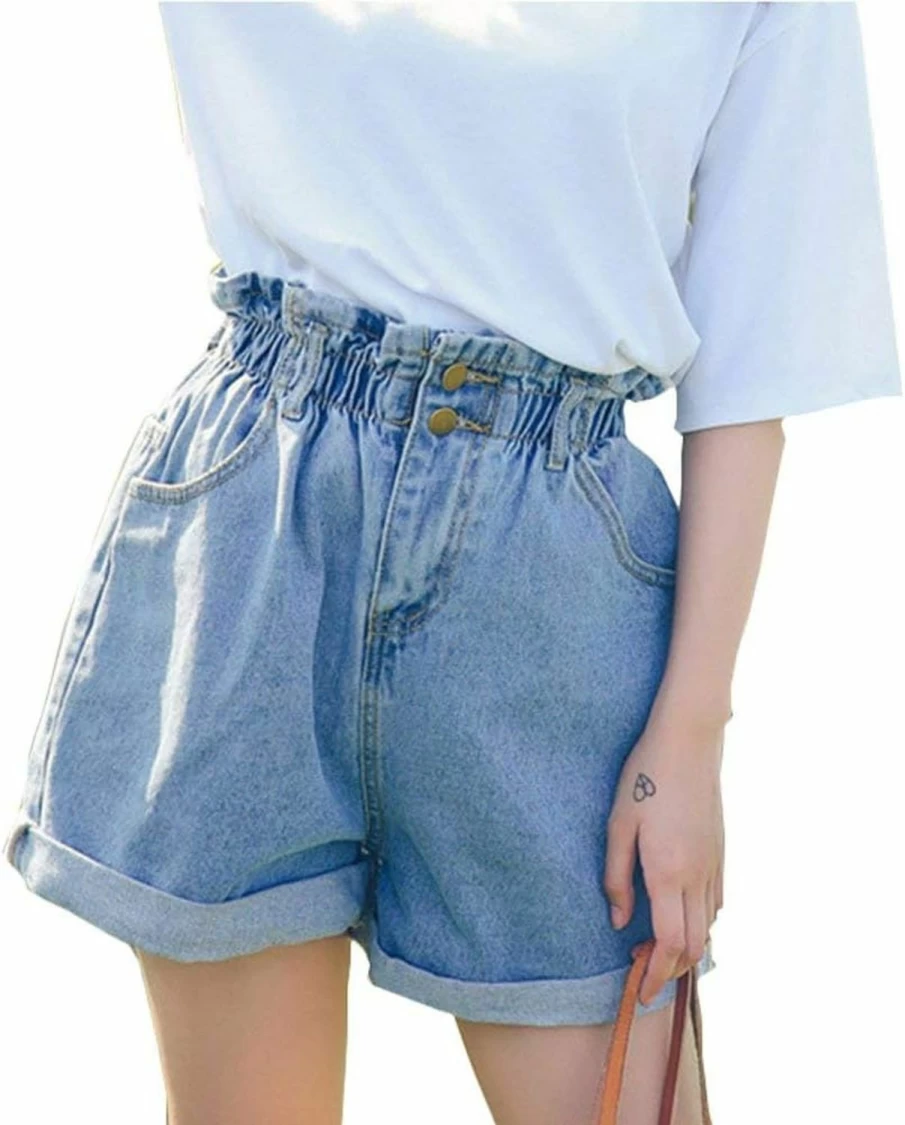 Plaid & Plain Women's High Waisted Rolled Denim Shorts - Blue Jean Shorts for Women