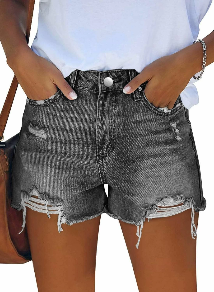MINGALONDON Women's High Waist Ripped Denim Shorts Distressed Vintage Style Blue Jeans Shorts