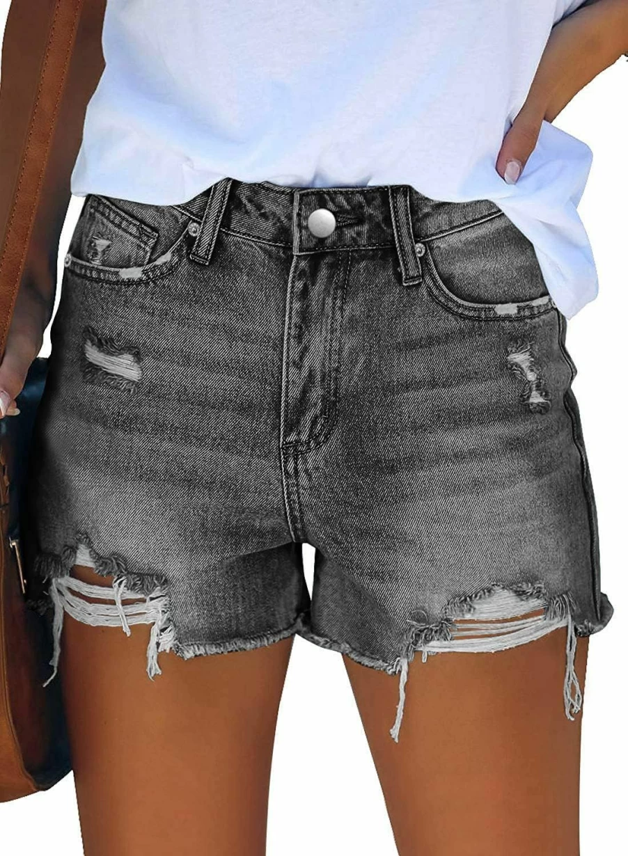 MINGALONDON Women's High Waist Ripped Denim Shorts Distressed Vintage Style Blue Jeans Shorts