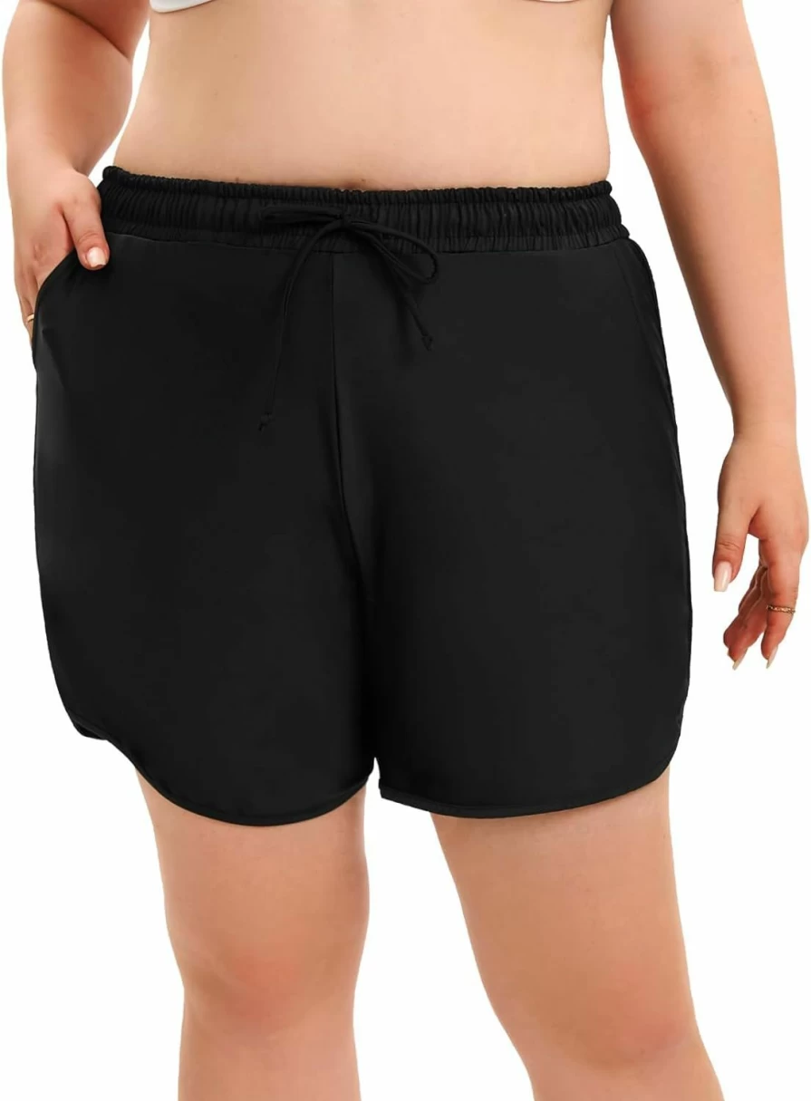 Aderea Women's Plus Size High Waisted Swim Shorts with Pockets - Long Bathing Suit Bottoms & Tankini Trunks