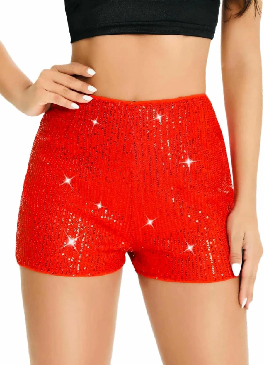 Geynaw Women's High Waist Sequin Shorts - Sparkly Glitter Party Shorts, Elastic Straight Leg Solid Design