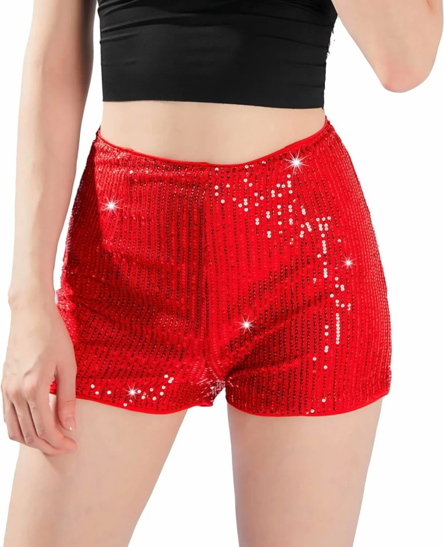 Geynaw Women's High Waist Sequin Shorts - Sparkly Glitter Party Shorts, Elastic Straight Leg Solid Design