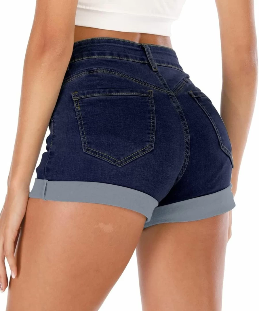 Cuihur Women's High Waisted Denim Shorts Summer Casual Folded Hem Jeans Shorts Comfort Stretch Vintage Blue