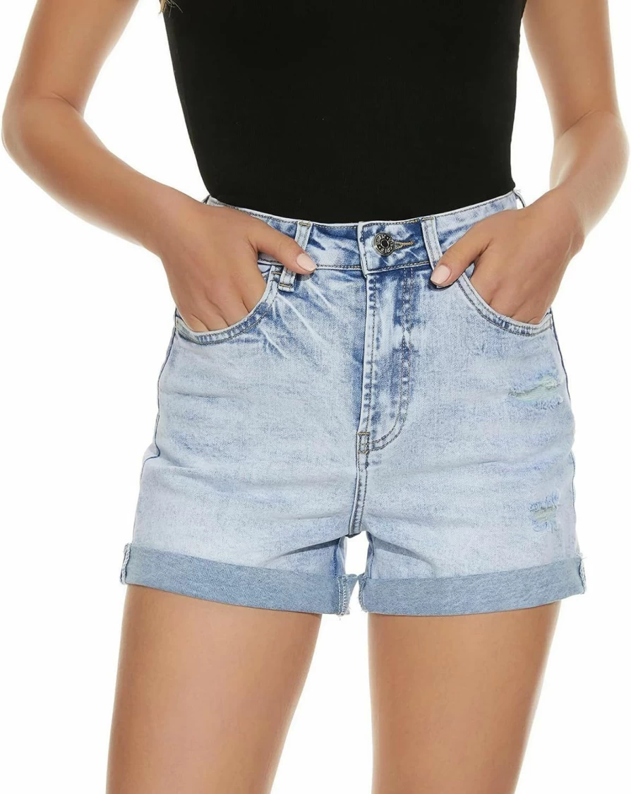 VIPONES Women's High Waisted Stretch Denim Shorts - Trendy Frayed Hem Casual Summer Jean Shorts