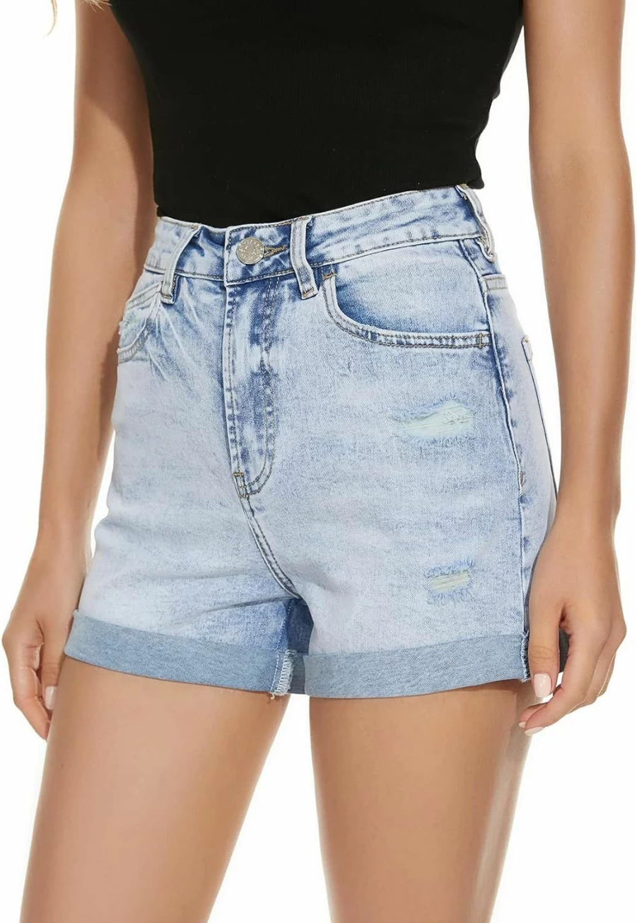 VIPONES Women's High Waisted Stretch Denim Shorts - Trendy Frayed Hem Casual Summer Jean Shorts