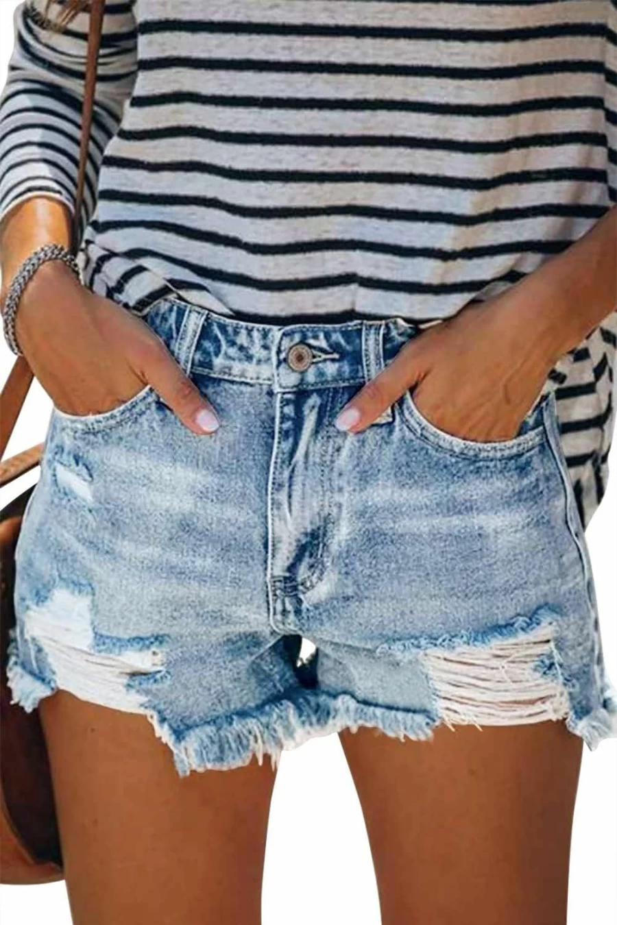 Angerella Women's Mid Rise Ripped Denim Shorts Distressed Jean Shorts for Women High Waisted Blue Denim Shorts