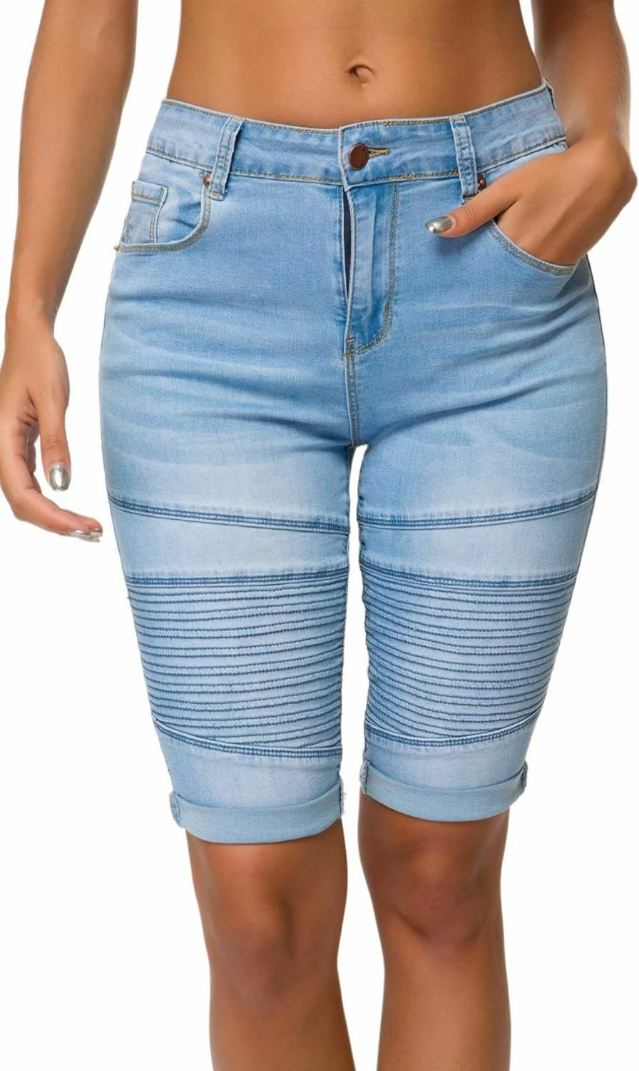 Olrain Women's Distressed High Waist Ripped Denim Shorts - Washed Blue Vintage Style
