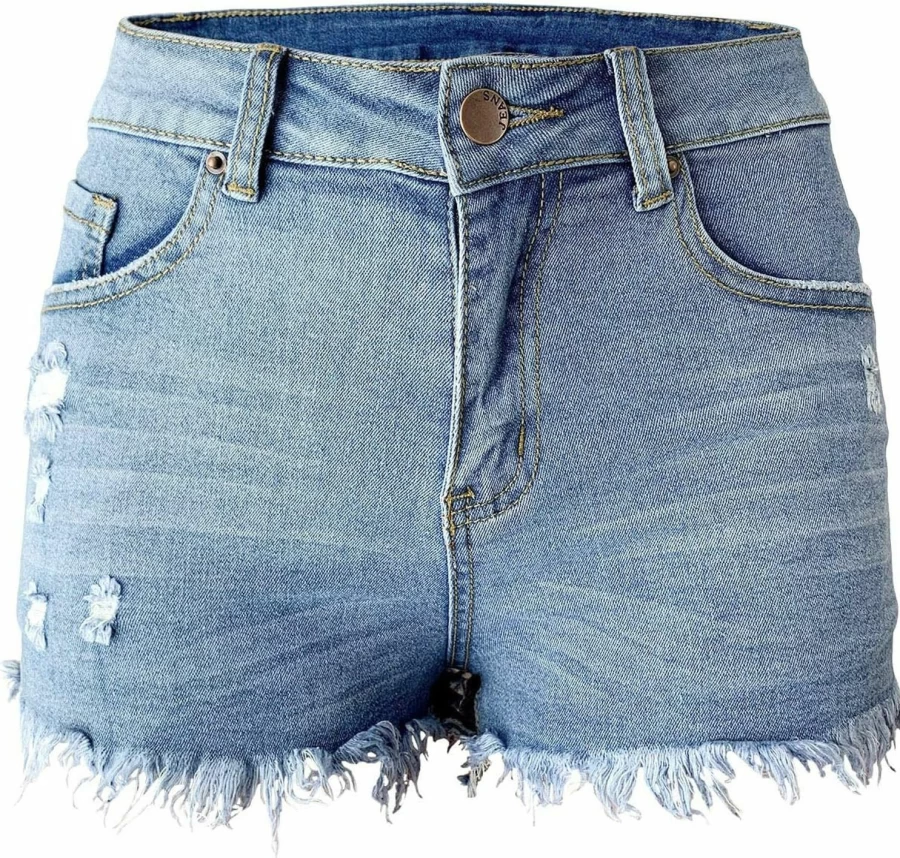 Aodrusa Women's High-Waisted Ripped Denim Shorts - Stretchy Distressed Jean Shorts for Curvy Fit - Trendy Blue Cutoff Shorts