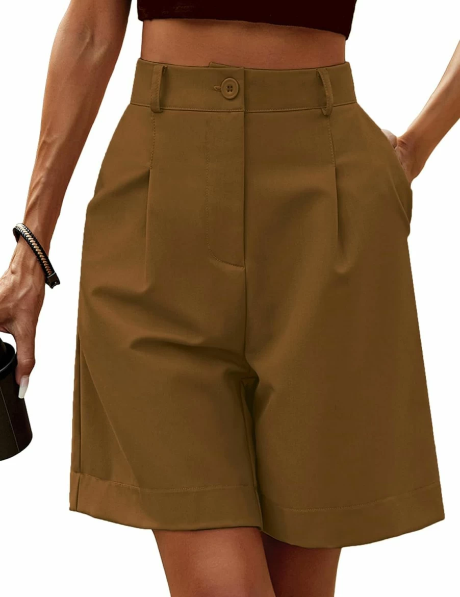 HOTOUCH Women's High Waisted Bermuda Shorts - Elastic Wide Leg Casual Summer Shorts with Pockets, Knee Length
