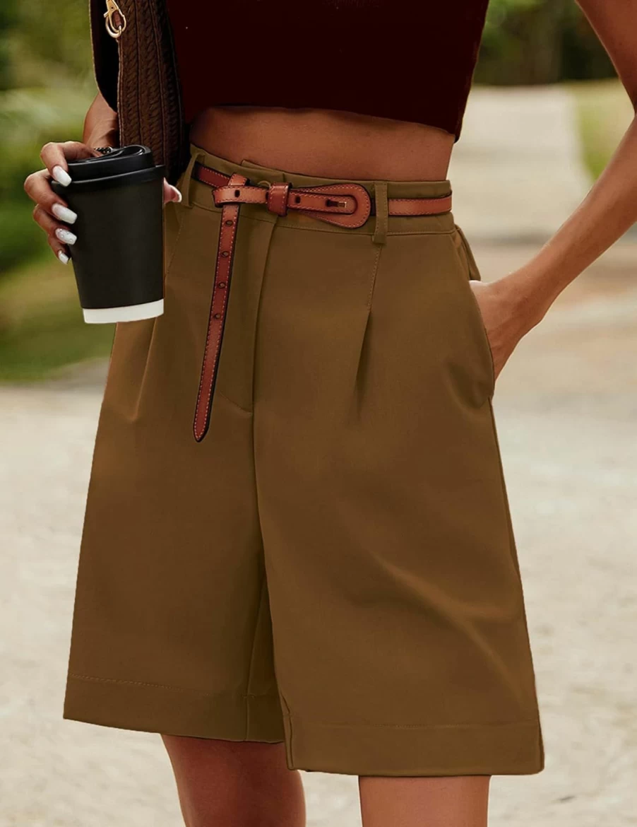HOTOUCH Women's High Waisted Bermuda Shorts - Elastic Wide Leg Casual Summer Shorts with Pockets, Knee Length