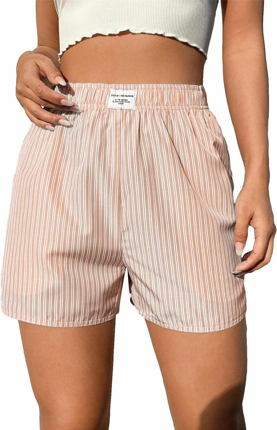 OYOANGLE Women's Striped Summer Shorts Elastic Waist Straight Leg Casual Shorts