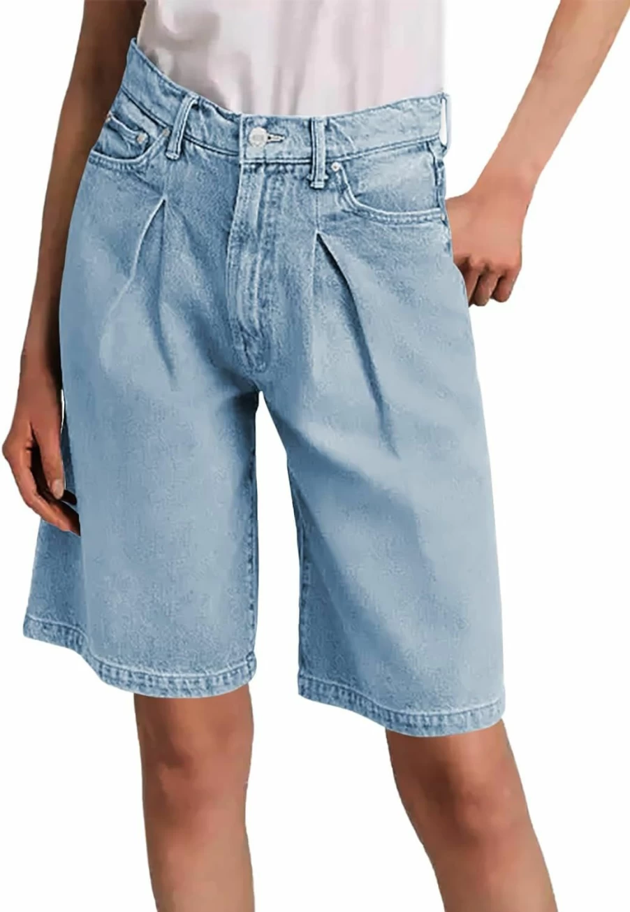 PLNOTME Women's High Waist Pleated Denim Shorts with Pockets - Straight Leg Summer Jean Shorts for Women