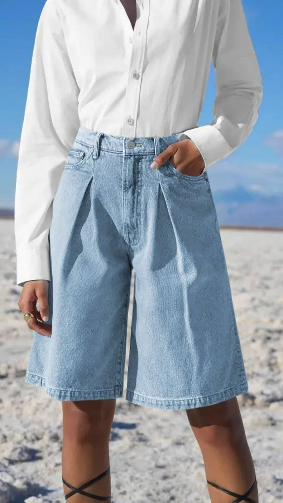 PLNOTME Women's High Waist Pleated Denim Shorts with Pockets - Straight Leg Summer Jean Shorts for Women