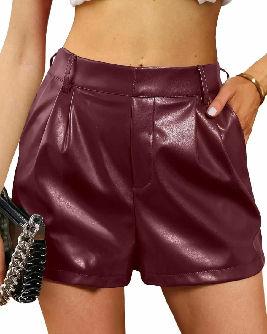 Luvamia Women's High Waist Pleated Faux Leather Shorts - Stretchy Wide Leg PU Pants with Pockets
