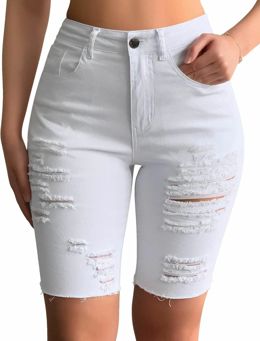 Roswear Women's Distressed Ripped Denim Shorts Mid Rise Bermuda Jeans for Casual Wear