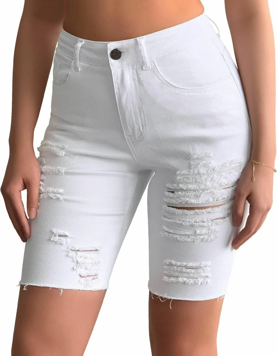 Roswear Women's Distressed Ripped Denim Shorts Mid Rise Bermuda Jeans for Casual Wear