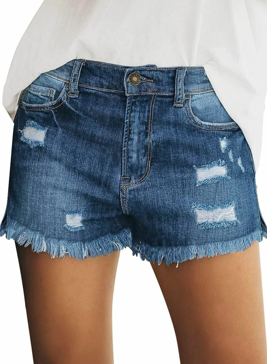 Luvamia Women's Stretch Denim Shorts - Mid Rise Ripped Raw Hem Casual Jean Shorts