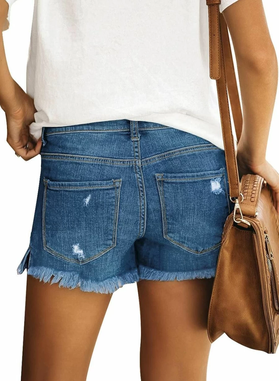 Luvamia Women's Stretch Denim Shorts - Mid Rise Ripped Raw Hem Casual Jean Shorts