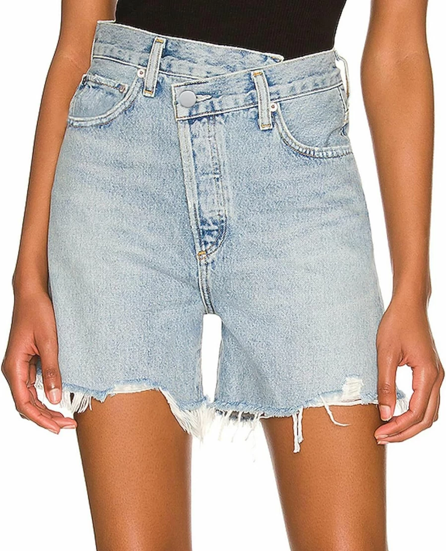 PRETISKY Women's High Waist Denim Shorts - Stretchy Criss Cross Design, Straight Leg Raw Hem Long Jean Shorts for Women