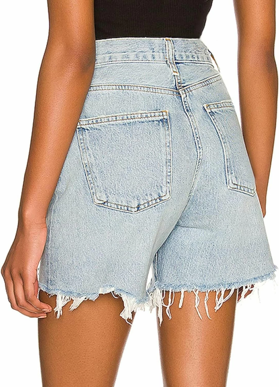 PRETISKY Women's High Waist Denim Shorts - Stretchy Criss Cross Design, Straight Leg Raw Hem Long Jean Shorts for Women