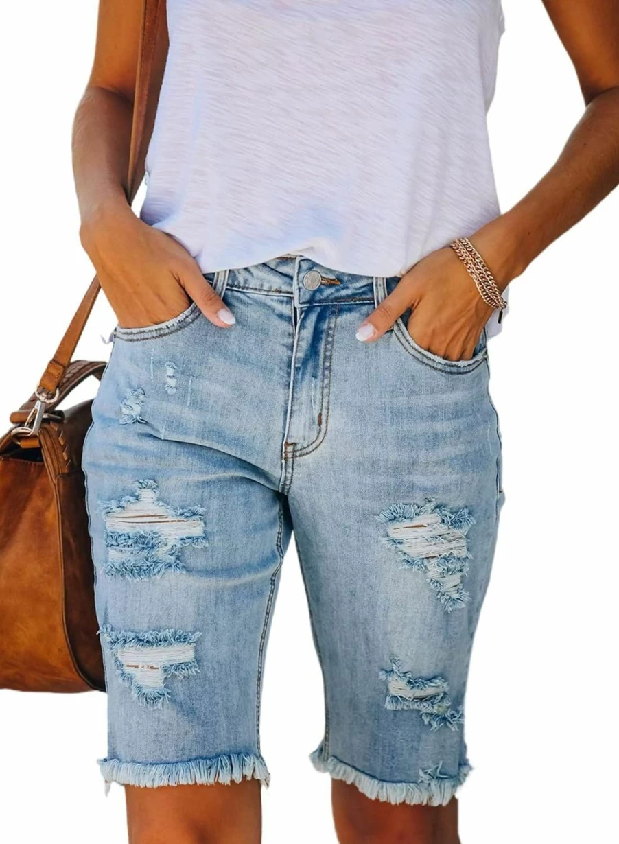 Sidefeel Women's Distressed Denim Shorts with Raw Hem - Bermuda Jean Shorts for Women