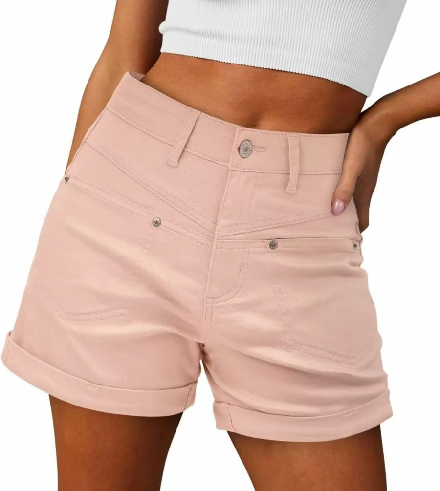 ZOLUCKY Women's Ripped Denim Shorts - Stretchy Mid Waist Casual Jean Shorts with Pockets for Summer
