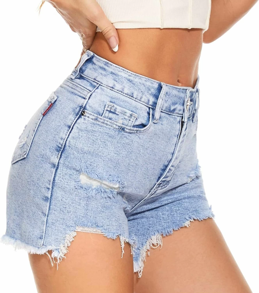 VIPONES Women's High Waisted Vintage Denim Shorts – Stretchy Comfort with Raw Hem & Frayed Casual Style