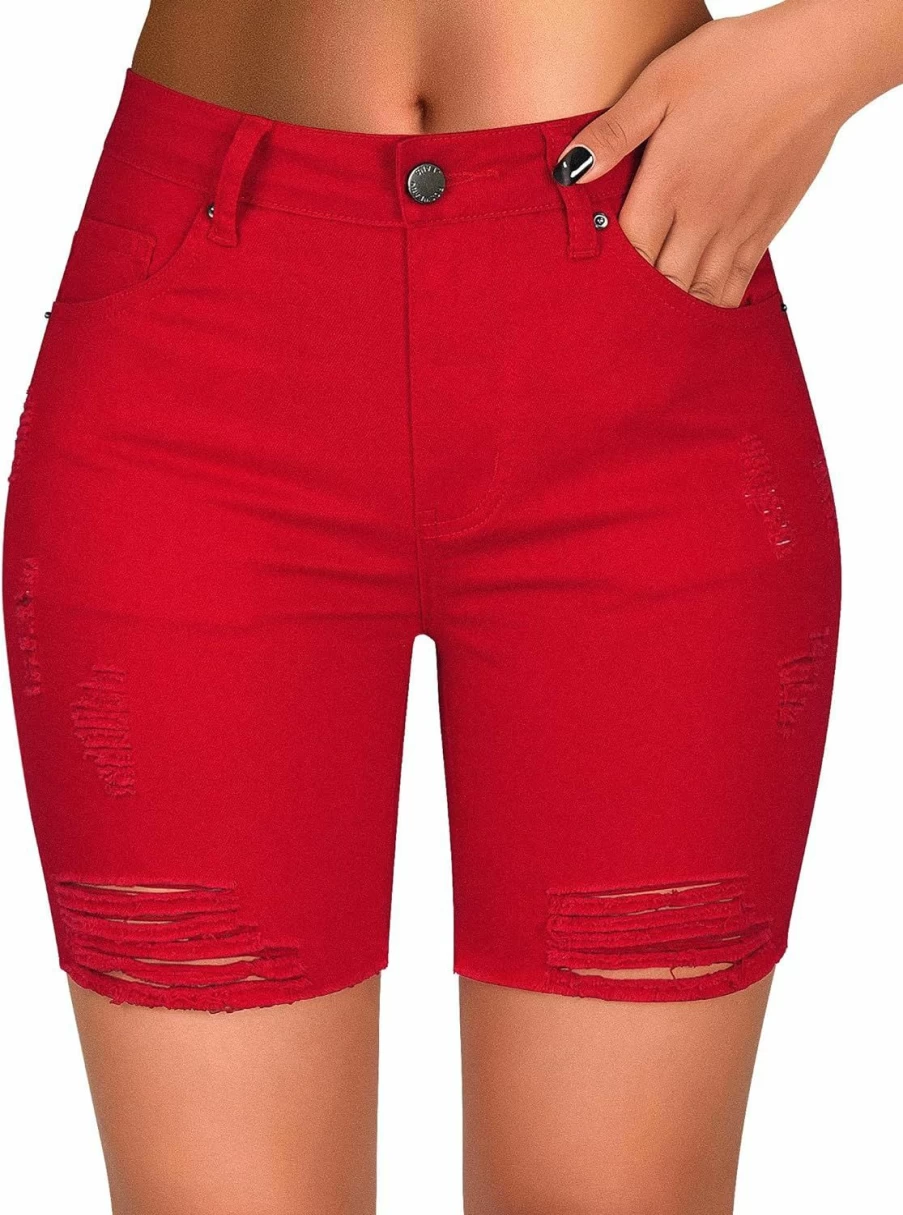 Roswear Women's High Waisted Distressed Denim Shorts - Stretch Ripped Raw Hem Casual Summer Jean Shorts