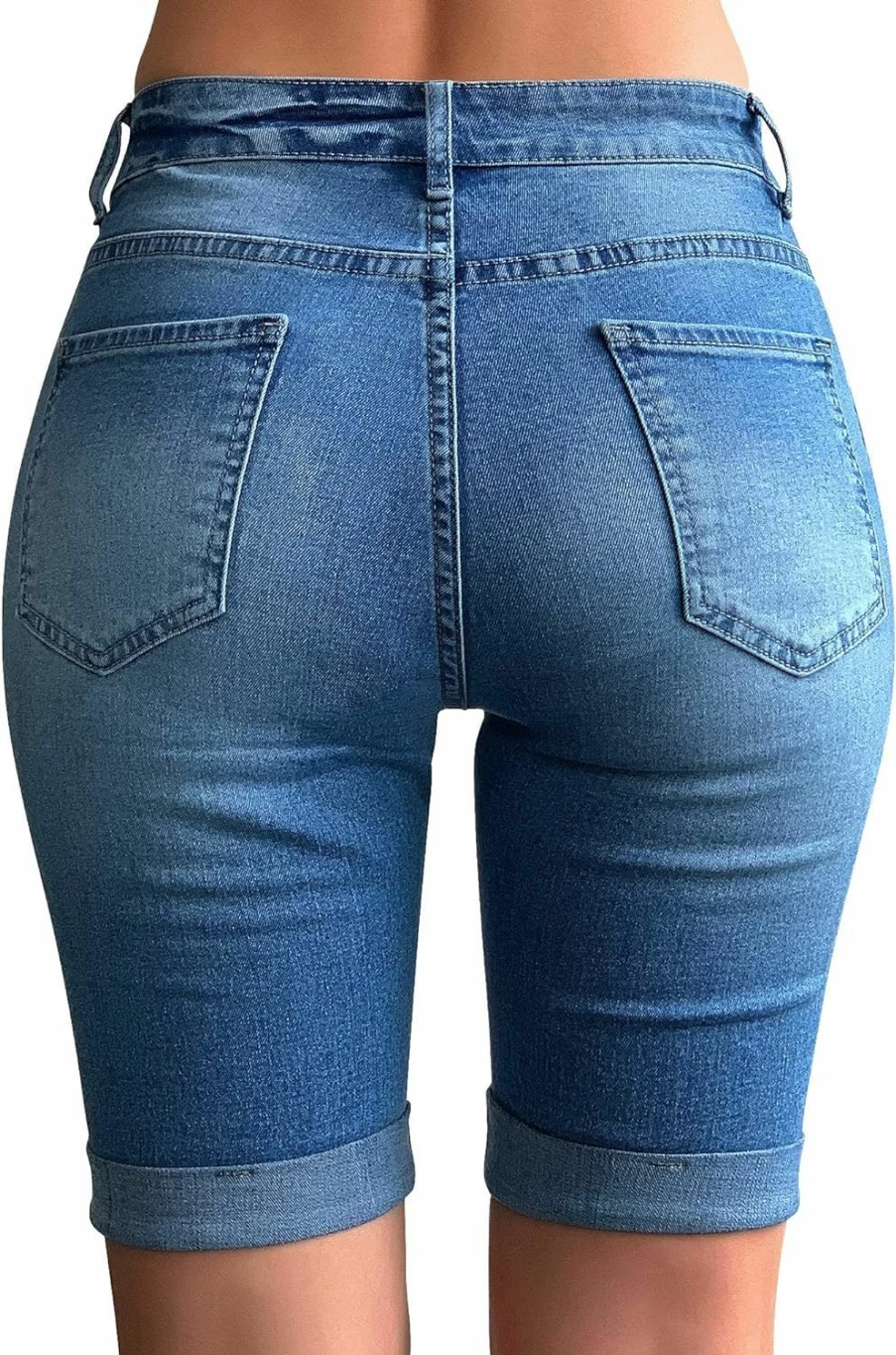 Roswear Women's Stretch Denim Bermuda Shorts with Roll Cuff Mid Rise Design