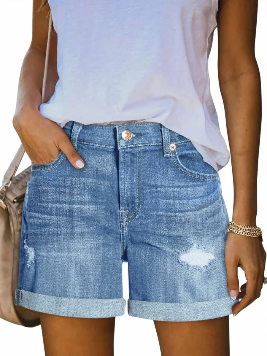 PINKMARCO Women's High Waisted Ripped Denim Shorts with Pockets - Casual Summer Distressed Jean Shorts Folded Hem