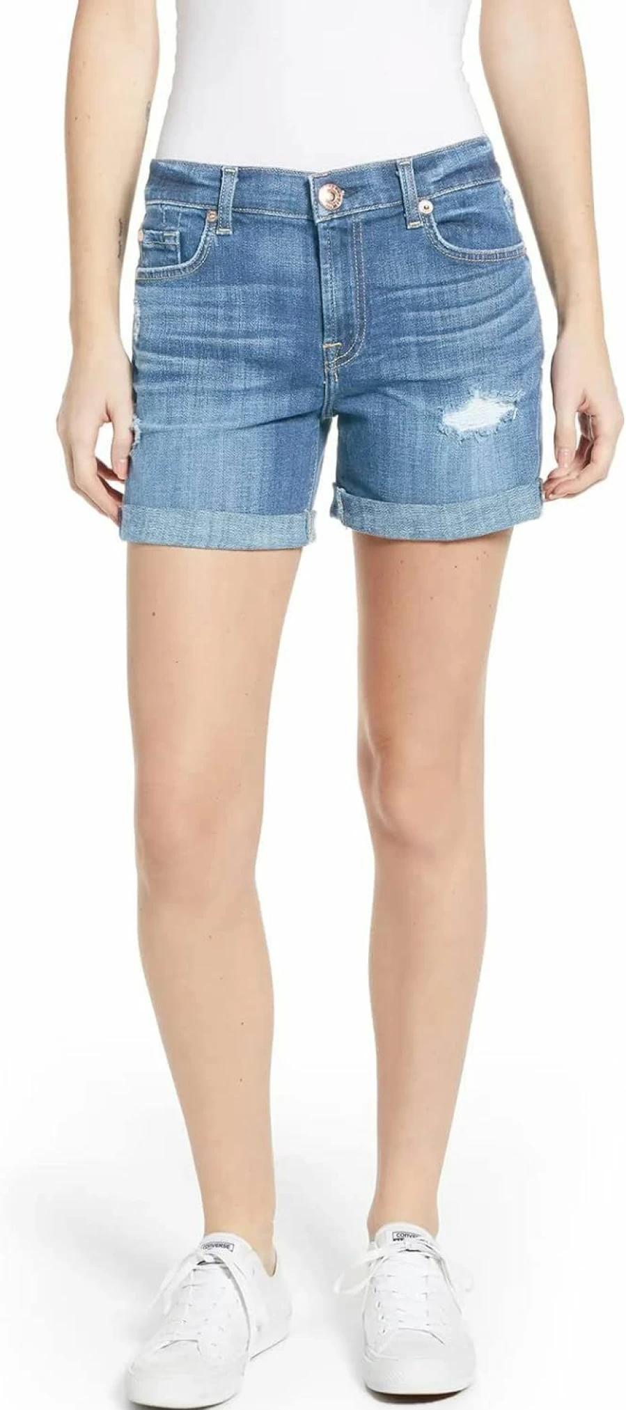 PINKMARCO Women's High Waisted Ripped Denim Shorts with Pockets - Casual Summer Distressed Jean Shorts Folded Hem