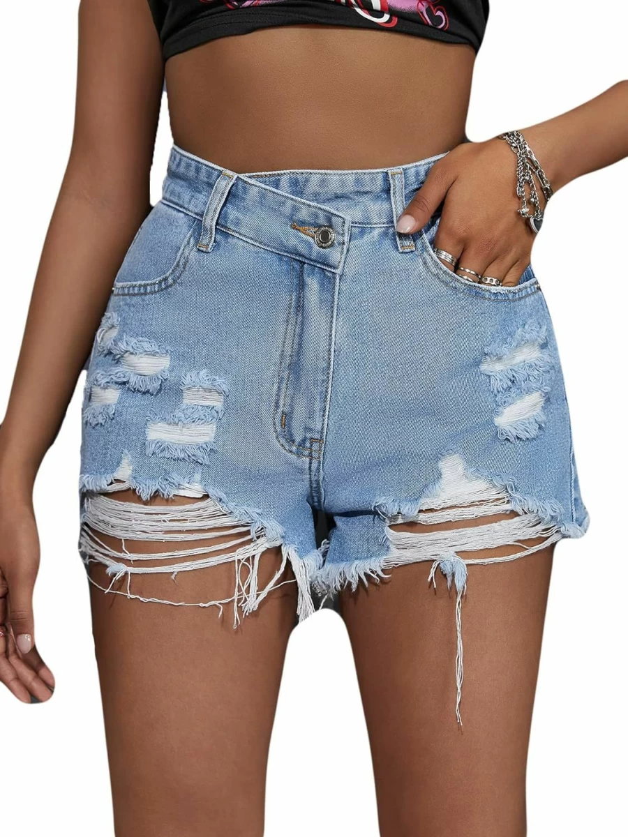Floerns Women's High Waist Distressed Denim Shorts with Pockets - Raw Hem Casual Summer Shorts