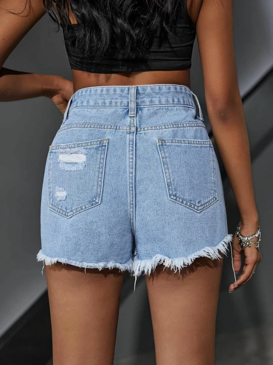 Floerns Women's High Waist Distressed Denim Shorts with Pockets - Raw Hem Casual Summer Shorts