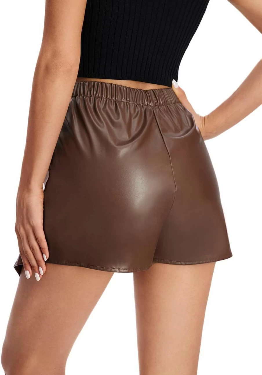SweatyRocks Women's High Waist Metallic PU Leather Wide Leg Stretchy Hot Pants Shorts